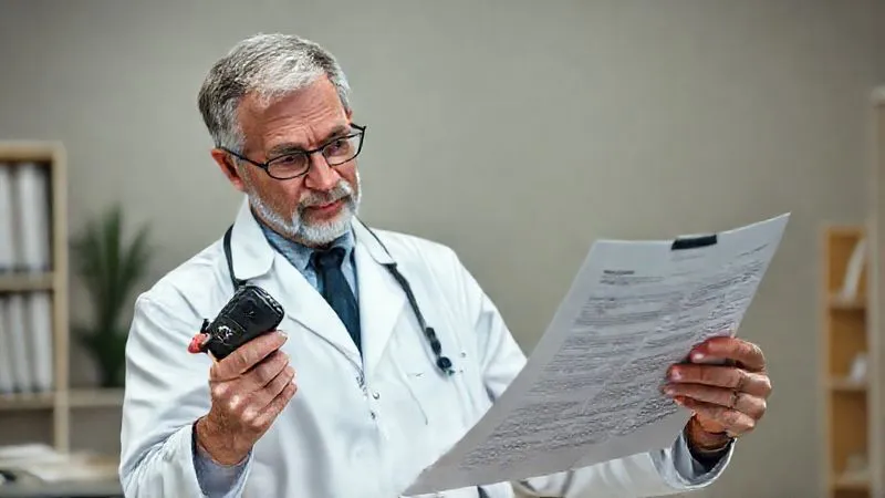 Photorealistic image of a doctor in a white coat, with a thoughtful expression, dictating notes into a voice recorder while reviewing a patient's chart and an open long-term care policy document. Professional photography, 8K, cinematic lighting, sharp focus on the doctor and documents, depth of field blurring the background, shot on a high-end DSLR.