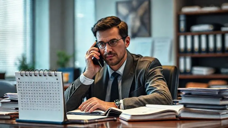 Photorealistic image of a person at a desk, surrounded by organized binders and legal pads, on a phone call with a determined but calm expression. There's a calendar marked with dates and notes. Professional photography, 8K, cinematic lighting, sharp focus on the person and desk, depth of field blurring a background of an office, shot on a high-end DSLR.