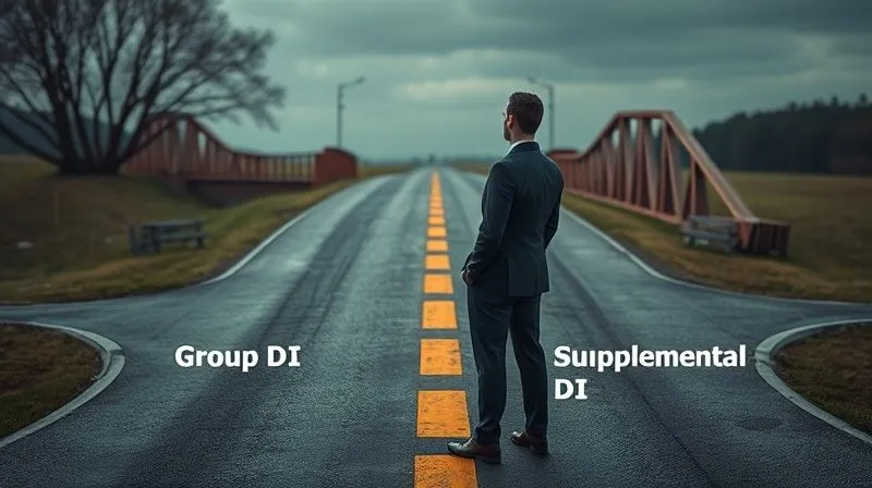 A photorealistic image of a professional standing at a crossroads, one path clearly labeled 'Group DI' leading to a smaller, less secure bridge, and another labeled 'Supplemental DI' leading to a robust, fortified bridge, symbolizing the choice between limited and comprehensive protection. Cinematic lighting, sharp focus on the individual and the path labels, depth of field blurring the background, 8K hyper-detailed, professional photography, shot on a high-end DSLR.