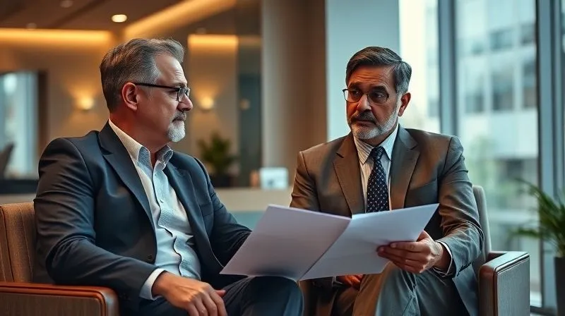 A photorealistic, professional photography, 8K, cinematic lighting, sharp focus, depth of field, shot on a high-end DSLR, showing a confident, experienced lawyer (diverse ethnicity, 40s-50s) in a modern office, consulting with a concerned business owner. The lawyer is gesturing calmly towards a document, offering reassurance and clear guidance. The setting is professional yet empathetic. A photorealistic, professional photography, 8K, cinematic lighting, sharp focus, depth of field, shot on a high-end DSLR, showing a confident, experienced lawyer (diverse ethnicity, 40s-50s) in a modern office, consulting with a concerned business owner. The lawyer is gesturing calmly towards a document, offering reassurance and clear guidance. The setting is professional yet empathetic.