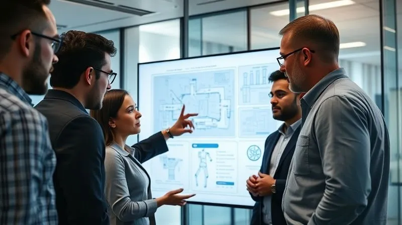 A photorealistic, professional photography, 8K, cinematic lighting, sharp focus, depth of field, shot on a high-end DSLR, depicting a diverse team of professionals collaboratively reviewing a project blueprint or digital schematic on a large screen, with one person pointing to a detail, illustrating proactive risk assessment and quality control in a modern office environment. The mood is collaborative and focused. A photorealistic, professional photography, 8K, cinematic lighting, sharp focus, depth of field, shot on a high-end DSLR, depicting a diverse team of professionals collaboratively reviewing a project blueprint or digital schematic on a large screen, with one person pointing to a detail, illustrating proactive risk assessment and quality control in a modern office environment. The mood is collaborative and focused.