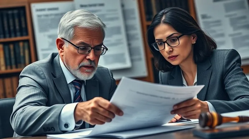 Photorealistic, professional photography, 8K, cinematic lighting, sharp focus, depth of field, shot on a high-end DSLR. A determined senior professional, perhaps an attorney or advocate, consulting with a client over documents, with a backdrop of official legal texts, conveying a sense of serious, expert intervention.