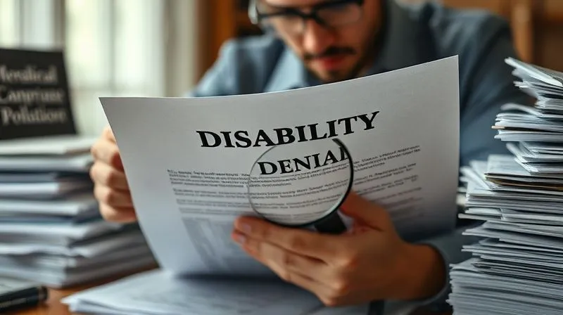 Photorealistic image of a person intently studying a complex legal document titled 'Disability Claim Denial', surrounded by stacks of medical papers, with a magnifying glass highlighting specific text. Professional photography, 8K, cinematic lighting, sharp focus on the documents, depth of field blurring the background, shot on a high-end DSLR. Photorealistic image of a person intently studying a complex legal document titled 'Disability Claim Denial', surrounded by stacks of medical papers, with a magnifying glass highlighting specific text. Professional photography, 8K, cinematic lighting, sharp focus on the documents, depth of field blurring the background, shot on a high-end DSLR.