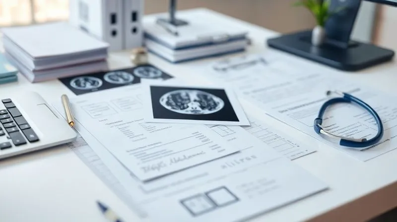 Photorealistic image of neatly organized medical files, diagnostic images (like an MRI scan), and detailed doctor's notes spread across a clean desk. Professional photography, 8K, cinematic lighting, sharp focus on the documents, depth of field blurring the background, shot on a high-end DSLR. Photorealistic image of neatly organized medical files, diagnostic images (like an MRI scan), and detailed doctor's notes spread across a clean desk. Professional photography, 8K, cinematic lighting, sharp focus on the documents, depth of field blurring the background, shot on a high-end DSLR.