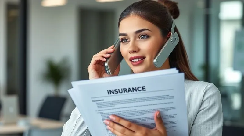 photorealistic, professional photography, 8K, cinematic lighting, sharp focus, depth of field, shot on a high-end DSLR, a determined young woman on a phone call, holding a stack of insurance documents, her expression focused and assertive, a clean, modern office background, symbolizing proactive problem-solving.