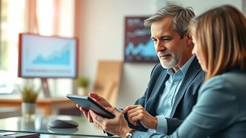 photorealistic, professional photography, 8K, cinematic lighting, sharp focus, depth of field, shot on a high-end DSLR, an experienced, kind-faced independent insurance broker, in a modern office, explaining policy details to a client using a tablet, charts and graphs visible on a screen in the background, conveying trust and clarity in complex financial matters.