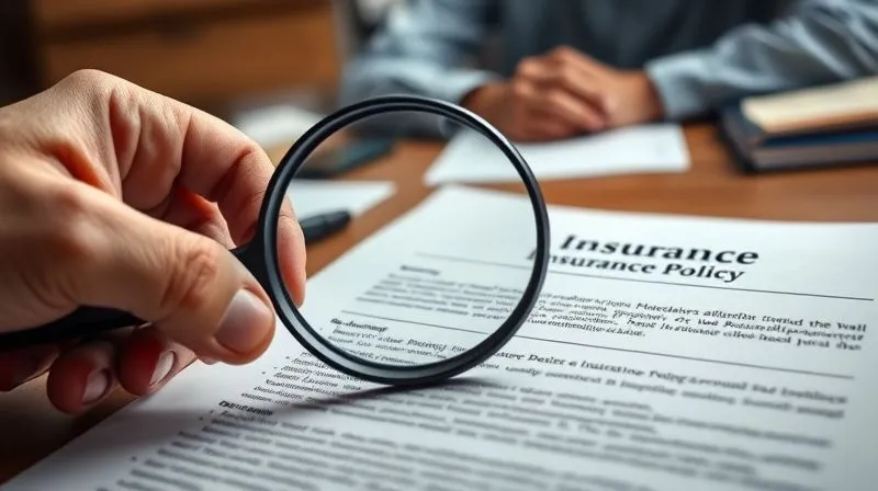 A close-up, photorealistic shot of a hand holding a magnifying glass over a dense insurance policy document, with blurred background showing a stressed person at a desk, 8K, cinematic lighting, sharp focus, depth of field.