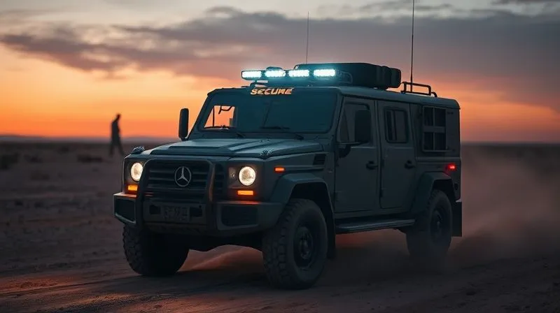 A photorealistic image of a secure, armored vehicle driving through a dusty, remote landscape at dusk, lights on, conveying a sense of urgent but organized rescue, 8K, cinematic lighting, sharp focus, depth of field.