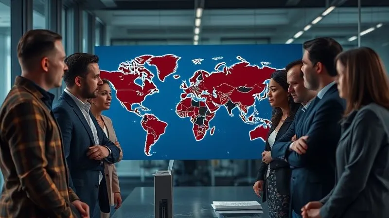 A photorealistic, professional photograph of a diverse team in a modern office looking at a world map with highlighted risk zones, engaged in a serious discussion, 8K, cinematic lighting, sharp focus, depth of field, conveying strategic planning.