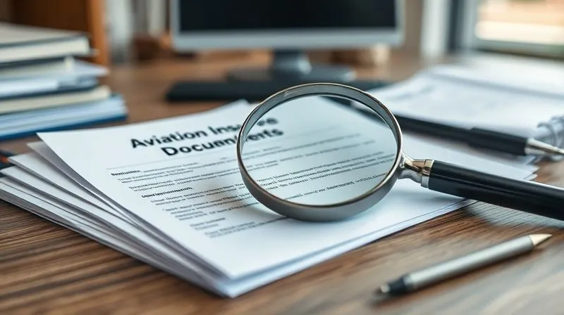 A close-up, photorealistic image of an organized desk with a magnifying glass resting on a stack of aviation insurance documents, denial letters, and aircraft maintenance logs. A pen and notepad are beside them, suggesting meticulous review. Cinematic lighting, sharp focus on the documents, depth of field blurring a background of an office, 8K hyper-detailed.