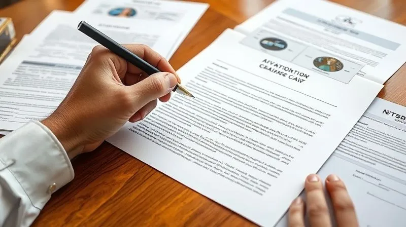 A photorealistic image of a legal brief or appeal document for an aviation insurance claim, laid open on a polished wooden table. A focused hand points to a specific paragraph with a pen, surrounded by supporting documents like FAA regulations and NTSB reports. Cinematic lighting, sharp focus on the document, depth of field blurring the background, 8K hyper-detailed.