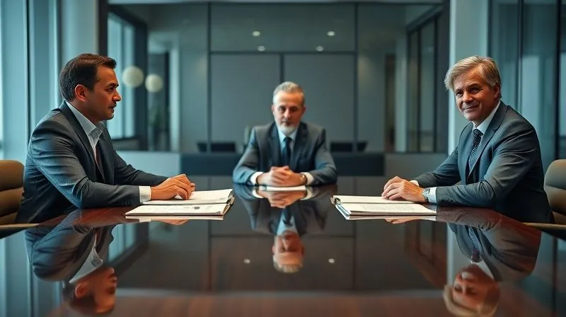 A photorealistic, professional image of two individuals (representing claimant and insurer) seated at a large, polished conference table with a neutral mediator in the center. All are dressed in business attire, with open files and documents before them. The atmosphere is serious but calm, with soft, cinematic lighting and a sharp focus on the faces, conveying a sense of negotiation and resolution. Depth of field subtly blurs the background of a modern office, 8K hyper-detailed.