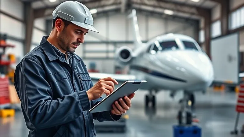 A photorealistic image of a highly organized aviation maintenance hangar. A mechanic in professional attire is meticulously updating a digital maintenance log on a tablet, with a pristine aircraft in the background. Tools are neatly arranged, and a whiteboard shows a clear maintenance schedule. Cinematic lighting, sharp focus on the tablet and mechanic, depth of field blurring the background, 8K hyper-detailed.