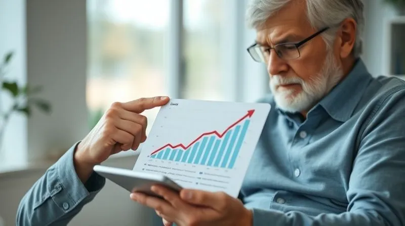 A photorealistic image of a financial advisor and a senior client looking at a tablet displaying a financial projection graph with an upward trend, indicating rising care costs. The advisor points to a specific data point, demonstrating clarity and concern. Cinematic lighting, sharp focus, depth of field blurring the office background, 8K hyper-detailed, professional photography.