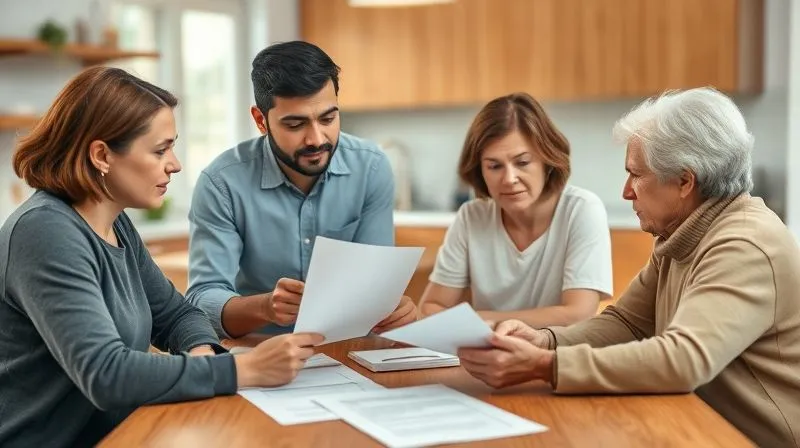 A photorealistic image of a diverse family (adult children and their elderly parent) gathered around a kitchen table, discussing financial documents and care plans. Their expressions show a mix of concern and collaborative problem-solving. Soft, warm lighting, sharp focus on the family, depth of field blurring the home background, 8K hyper-detailed, professional photography.