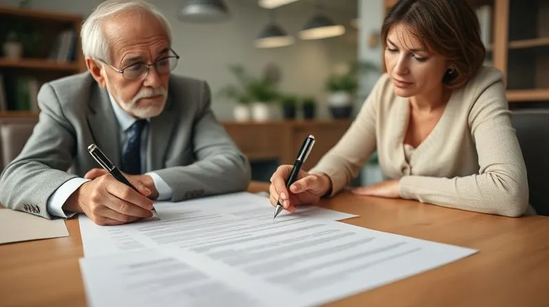 A photorealistic image of an elder law attorney explaining a complex legal document to a senior client and their adult child. The documents are spread across a table, with a pen poised over a signature line. The atmosphere is professional and reassuring. Cinematic lighting, sharp focus on the documents and faces, depth of field blurring the office background, 8K hyper-detailed, professional photography.