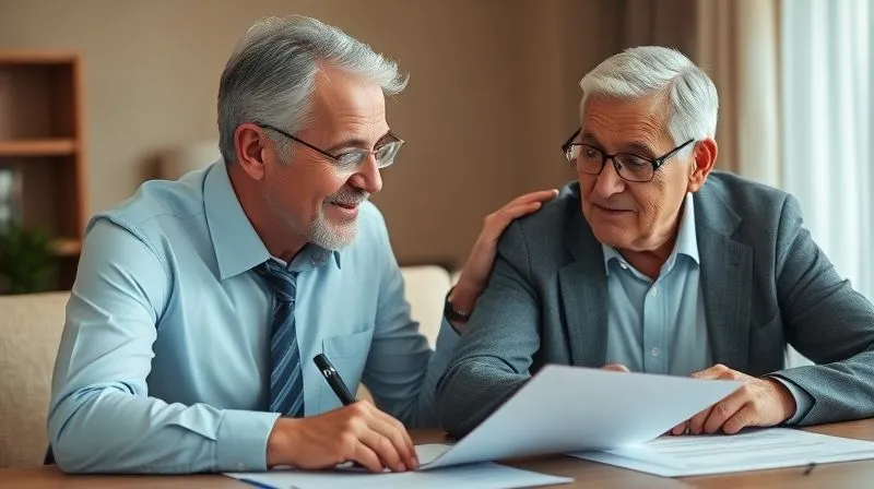 A photorealistic image of a financial advisor gently placing a hand on the shoulder of an elderly client, who is looking thoughtfully at a table with financial documents. The advisor's expression is empathetic and supportive, conveying trust and understanding. Soft, warm lighting, sharp focus on the interaction, depth of field blurring the background, 8K hyper-detailed, professional photography.