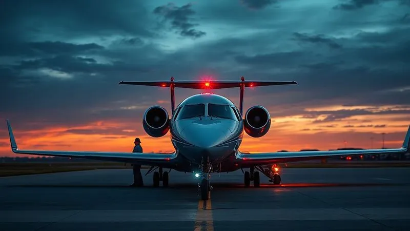 Photorealistic, professional photography, 8K, cinematic lighting, sharp focus, depth of field, shot on a high-end DSLR. A sleek, modern air ambulance jet is positioned on an airport tarmac at dusk, its lights glowing against a dramatic sky. Medical personnel are visible preparing the aircraft, emphasizing urgency and specialized care. The scene conveys efficiency and high-stakes medical transport.