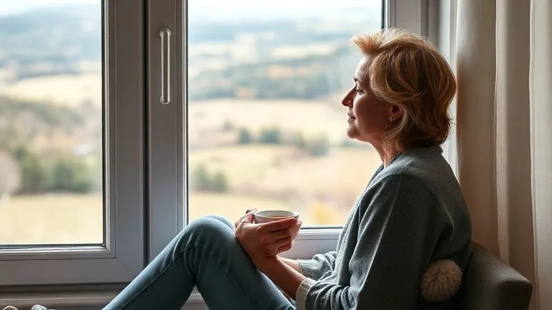 Photorealistic, professional photography, 8K, cinematic lighting, sharp focus, depth of field, shot on a high-end DSLR. A person sits calmly by a window, looking out at a peaceful landscape, holding a cup of tea. Their expression is one of quiet relief and reflection after a difficult period, embodying resilience and the importance of self-care post-crisis. The lighting is soft and comforting.