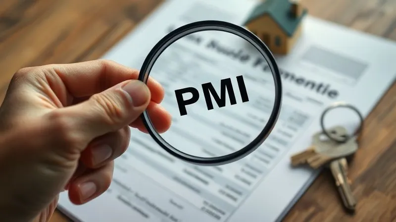 Photorealistic, professional photography, 8K, cinematic lighting, sharp focus, depth of field, shot on a high-end DSLR of a hand holding a magnifying glass over a complex financial document with 'PMI' highlighted, symbolizing scrutiny and understanding a financial detail. The background is a blurred image of a house key on a table.