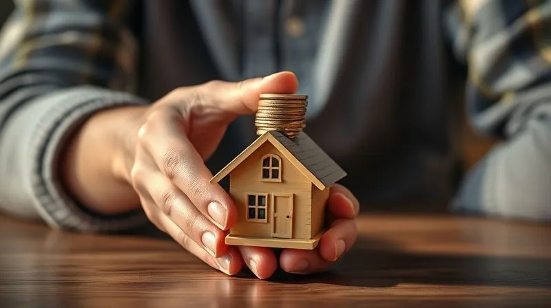 Photorealistic, professional photography, 8K, cinematic lighting, sharp focus, depth of field, shot on a high-end DSLR of two hands, one older and one younger, gently placing a stack of coins onto a miniature house, symbolizing generational support and down payment assistance. Warm, inviting light.