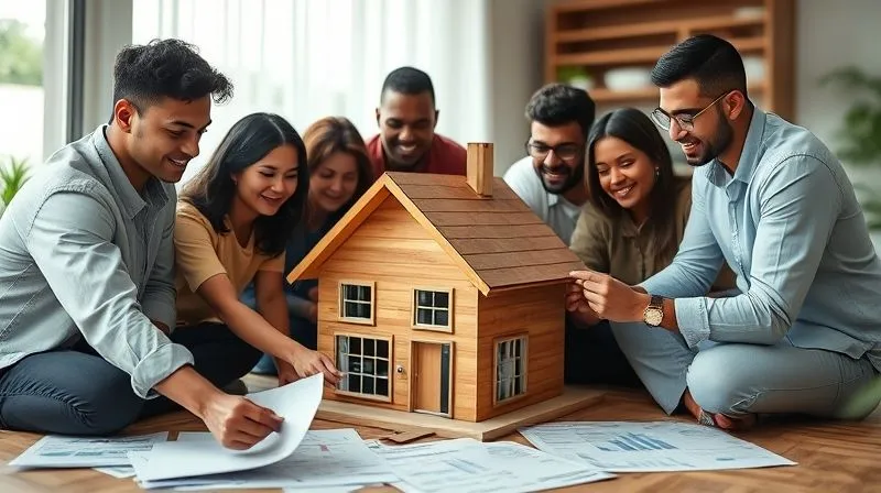Photorealistic, professional photography, 8K, cinematic lighting, sharp focus, depth of field, shot on a high-end DSLR of a diverse group of people (representing a community) collaboratively building a small, modern house model, with various financial documents and charts subtly in the foreground, symbolizing collective efforts and assistance programs for affordable housing.
