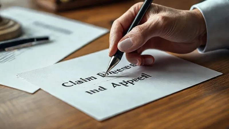 photorealistic, professional photography, 8K, cinematic lighting, sharp focus, depth of field, shot on a high-end DSLR. A close-up of a hand holding a fountain pen, poised over a formal, official-looking letter titled 'Claim Dispute and Appeal' on a wooden desk. The background is slightly blurred with other legal documents. The lighting is focused on the letter, conveying seriousness and the act of formal communication. photorealistic, professional photography, 8K, cinematic lighting, sharp focus, depth of field, shot on a high-end DSLR. A close-up of a hand holding a fountain pen, poised over a formal, official-looking letter titled 'Claim Dispute and Appeal' on a wooden desk. The background is slightly blurred with other legal documents. The lighting is focused on the letter, conveying seriousness and the act of formal communication.