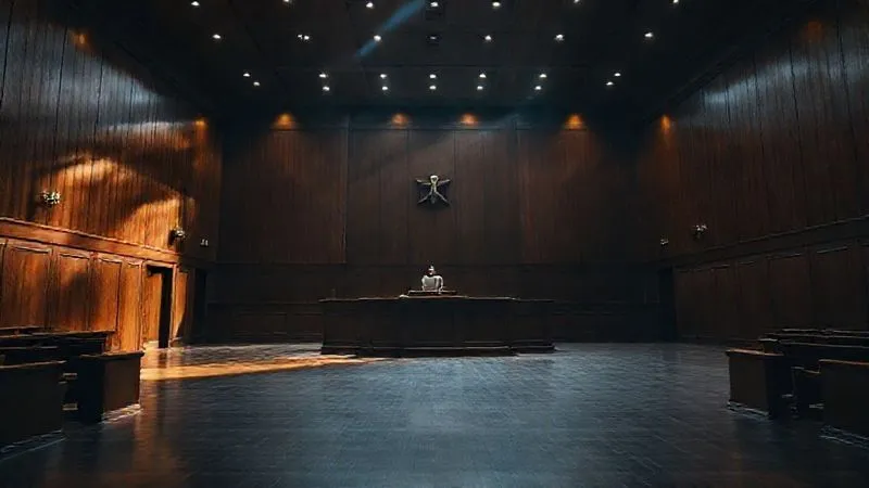 photorealistic, professional photography, 8K, cinematic lighting, sharp focus, depth of field, shot on a high-end DSLR. A powerful, low-angle shot of an empty, modern courtroom with dark wood and clean lines. The judge's bench is prominent, and the jury box is visible. The lighting is dramatic, casting long shadows and highlighting the sense of gravity and decision-making. The mood is solemn and authoritative. photorealistic, professional photography, 8K, cinematic lighting, sharp focus, depth of field, shot on a high-end DSLR. A powerful, low-angle shot of an empty, modern courtroom with dark wood and clean lines. The judge's bench is prominent, and the jury box is visible. The lighting is dramatic, casting long shadows and highlighting the sense of gravity and decision-making. The mood is solemn and authoritative.