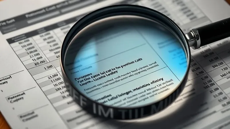 photorealistic, professional photography, 8K, cinematic lighting, sharp focus, depth of field, shot on a high-end DSLR, a close-up of a complex financial ledger or policy statement, highlighted sections showing rising premium costs and dwindling cash values, a magnifying glass resting on the document, conveying detailed analysis and financial scrutiny