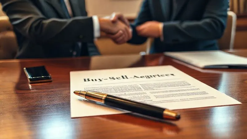 A photorealistic image of a detailed legal document titled 'Buy-Sell Agreement' on a rich wooden desk, with a fountain pen resting beside it, and two blurred figures in suits shaking hands in the background, signifying a completed deal. Cinematic lighting, sharp focus on the document, depth of field, 8K hyper-detailed, shot on a high-end DSLR.