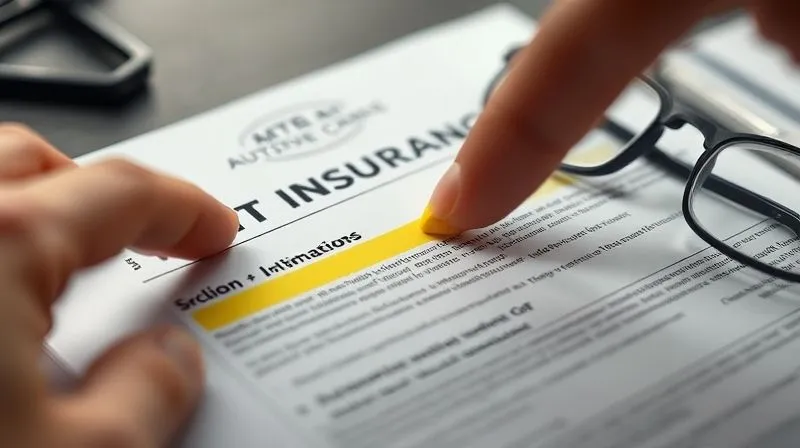 A close-up, photorealistic image of an open auto insurance policy document, with a finger pointing to a section labeled "Exclusions" or "Limitations," highlighted with a yellow marker. The document is on a desk with a pair of reading glasses nearby, conveying a sense of detailed scrutiny. Professional photography, 8K, cinematic lighting, sharp focus, depth of field. Shot on a high-end DSLR.
