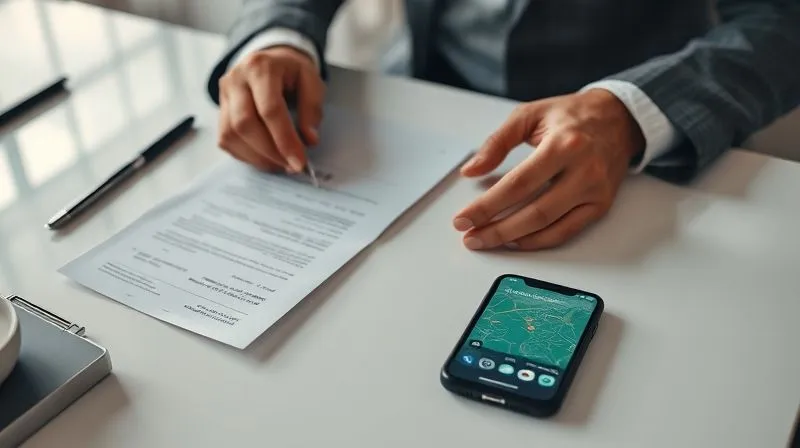 A photorealistic, professional photograph of a person meticulously organizing receipts, a policy document, and a mobile phone displaying a GPS location, on a clean desk. The scene should convey diligence and preparedness, with cinematic lighting, sharp focus on the documents, and depth of field. Shot on a high-end DSLR, 8K hyper-detailed.