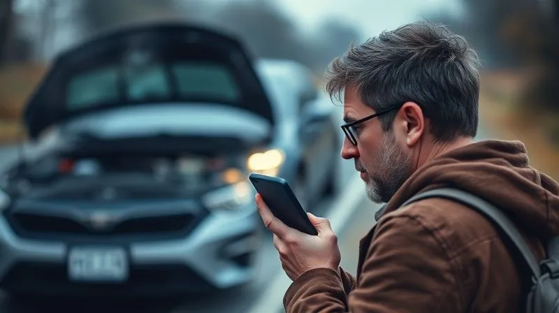 A photorealistic image of a frustrated person on a mobile phone, looking at a car with an open hood on the side of a road. The background is slightly blurred, emphasizing the person's distress and the breakdown. Cinematic lighting, sharp focus on the person and phone, depth of field. Shot on a high-end DSLR, 8K hyper-detailed.
